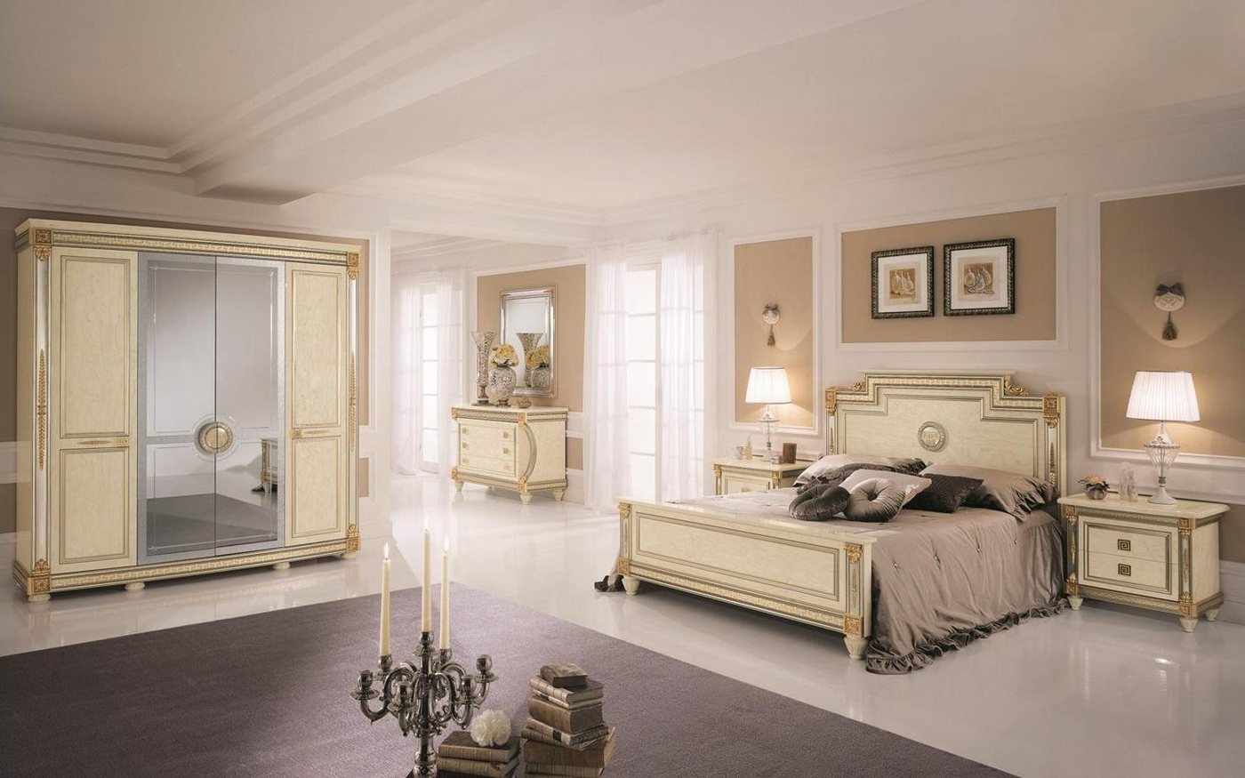 Xlmoebel Komplettschlafzimmer Traditionelles Schlafzimmerset Nachtschränkchen Bett Design Holz 6tlg, (6-tlg., Bett + 2x Nachttische + Kommode + + Spiegel + Kleiderschrank), Hergestellt in Europa von Xlmoebel