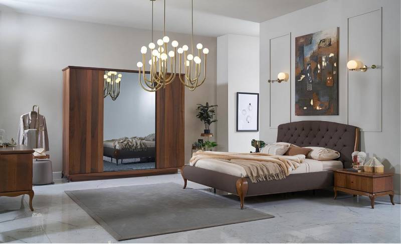 Xlmoebel Schlafzimmer-Set Vier-teiliges Bett-Set für ein Doppelbett mit braunem Bettrahmen, (Set 4tlg Schlafzimmer (Bett + 2xNachttische + Kleiderschrank), Hergestellt in Europa von Xlmoebel