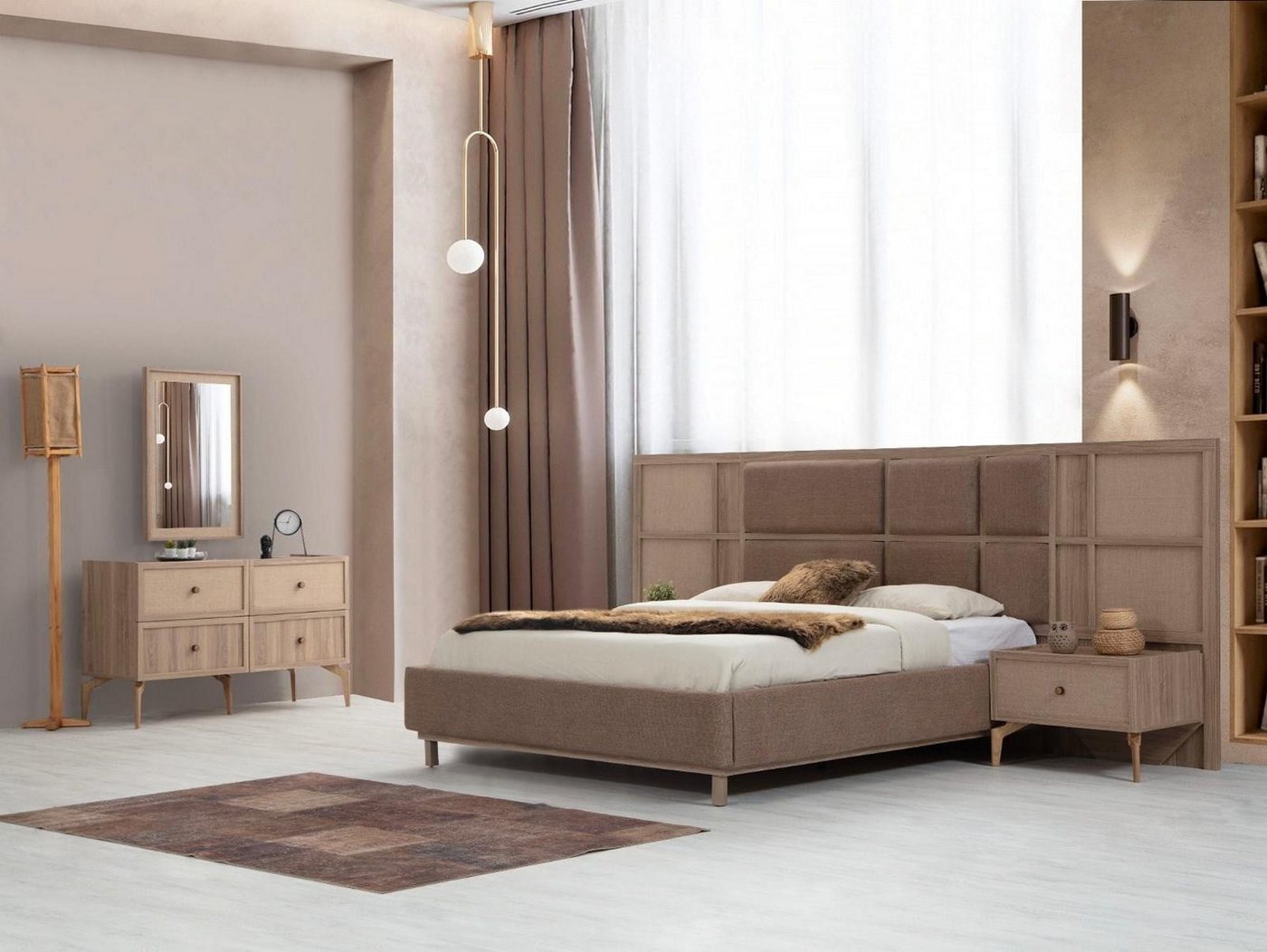 Xlmoebel Schlafzimmer-Set Zeitgemäße Schlafzimmermöbel-Set in Beige mit praktischem Schminktisch, (4-tlg., 4tlg.Schlafzimmer Set(Bett+2x Nachttische+Schminktisch), Hergestellt in Europa von Xlmoebel