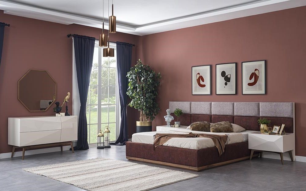 Xlmoebel Schlafzimmer-Set Zeitgemäße Schlafzimmermöbel Set mit Design-Bett und 2 Nachttischen, (Schlafzimmer Set 5tlg (Bett + 2x Nachttische + Kommode mit Spiegel), Hergestellt in Europa von Xlmoebel