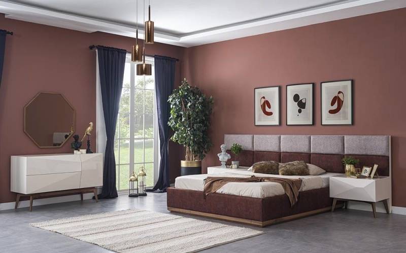 Xlmoebel Schlafzimmer-Set Zeitgemäße Schlafzimmermöbel Set mit Design-Bett und 2 Nachttischen, (Schlafzimmer Set 5tlg (Bett + 2x Nachttische + Kommode mit Spiegel), Hergestellt in Europa von Xlmoebel