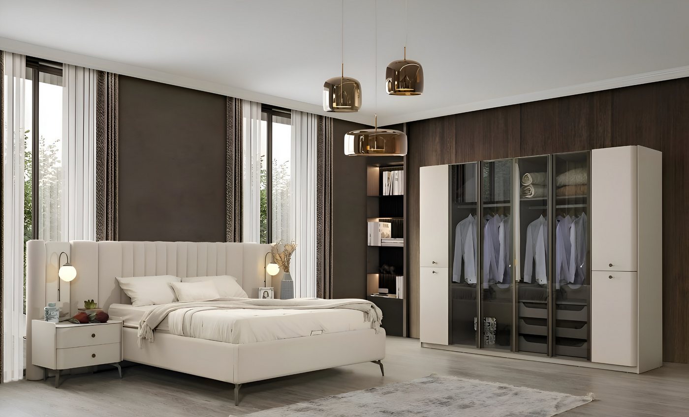 Xlmoebel Komplettschlafzimmer Zeitgemäße Schlafzimmermöbel Set mit Designer-Bett aus Holz, (4 tlg.Schlafzimmer Set (Bett + 2x Nachttische + Kleiderschrank), Hergestellt in Europa von Xlmoebel