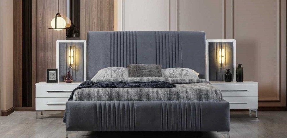 Xlmoebel Schlafzimmer-Set Zeitgemäßes Graues Ehebett mit 2 Holz-Nachttischen Schlafzimmer-Set, (3-tlg., 3tlg.Schlafzimmer Set (Bett+2x Nachttische), Hergestellt in Europa von Xlmoebel
