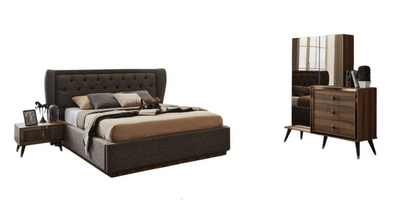 Xlmoebel Schlafzimmer-Set Zeitgemäßes Schlafzimmer-Ensemble mit Designer-Bett 2 Nachttischen, (4tlg.Schlafzimmer Set (Bett + 2x Nachttische + Kommode mit Spiegel), Hergestellt in Europa von Xlmoebel