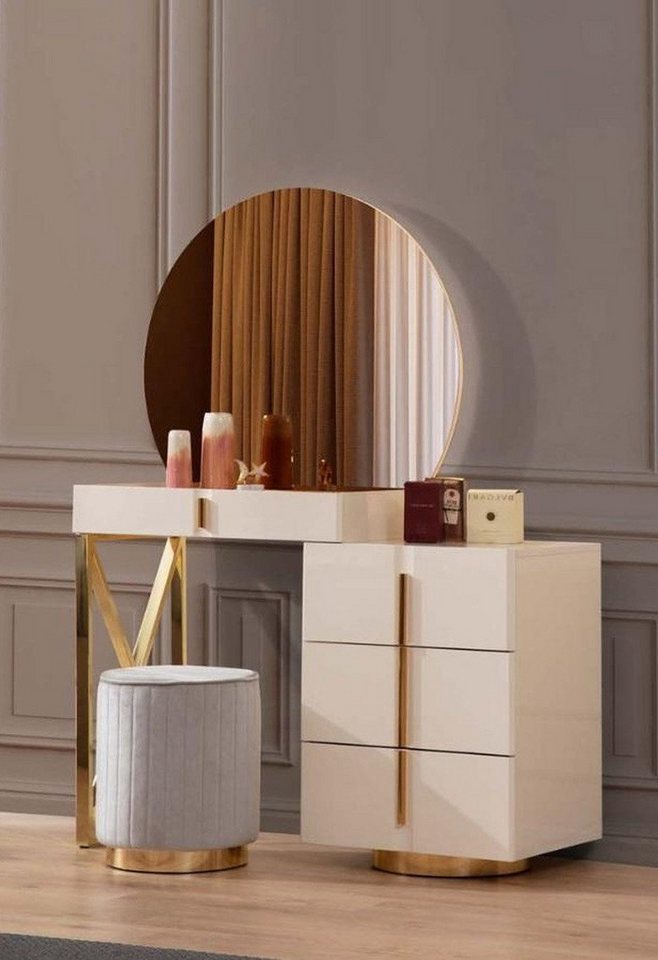 Xlmoebel Schminktisch Set aus einem beigen Schminktisch und einem Sitzhocker aus Edelstahl (2tlg.Schlafzimmer Set (Schminktisch mit Spiegel+Hocker), Hergestellt in Europa von Xlmoebel
