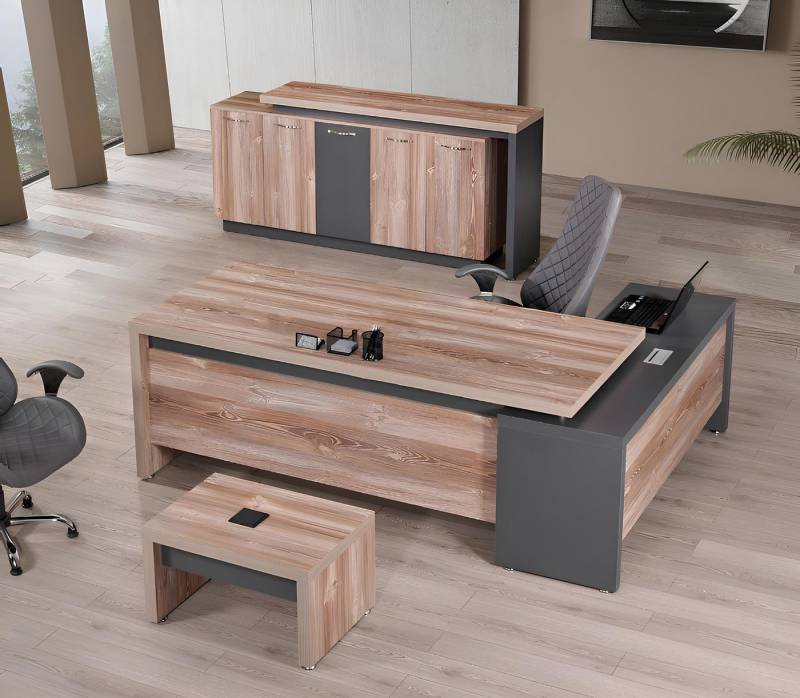 Xlmoebel Büromöbel-Set Büro-Eckmöbel-Set aus Holz in Grau bestehend aus Schreibtisch, (Büro Set 3tlg (Eckbürotisch + Couchtisch + Schrank), Hergestellt in Europa von Xlmoebel