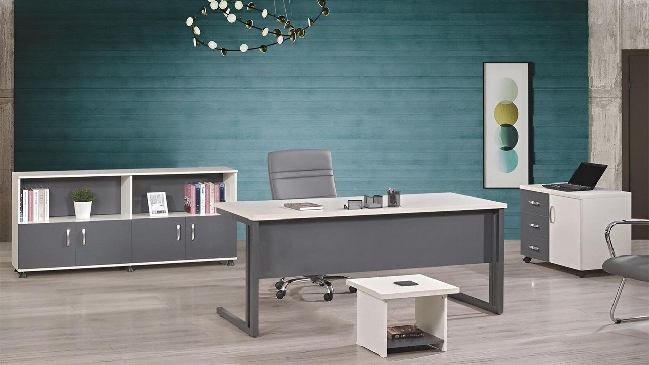 Xlmoebel Büromöbel-Set Schreibtisch-Set aus Holz in Grau für das Büro mit 4 Teilen, (Büro Set 4tlg (Bürotisch + Couchtisch + Schrank + Kommode), Hergestellt in Europa von Xlmoebel