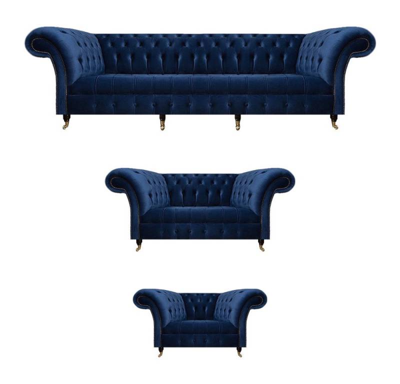 Xlmoebel Wohnzimmer-Set 3-teiliges Luxus-Sofa-Set Chesterfield in Blau aus Textil für die, (3-St., 3tlg Wohnzimmer Set (Sofa 4 + 2 Sitzer + Sessel), Hergestellt in Europa von Xlmoebel