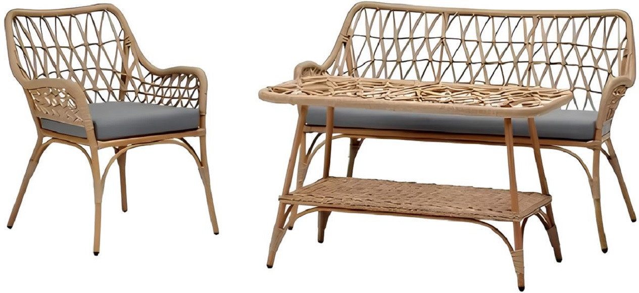 Xlmoebel Gartenlounge-Set Beige Luxus Terrassen-Sofagarnitur mit 2-Sitzer-Sofa, Sessel, (3tlg Set(Sofa 2 Sitzer+Sessel+Esstisch), Hergestellt in Europa von Xlmoebel