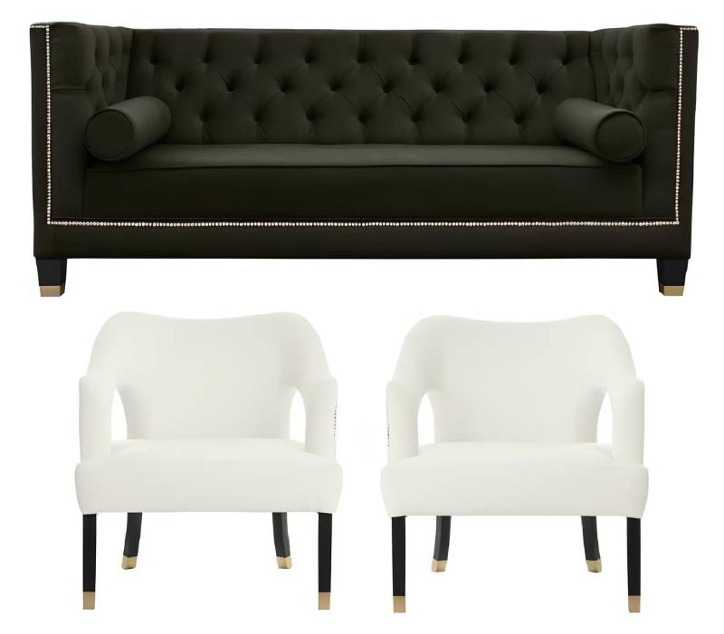 Xlmoebel Sessel Chesterfield+2 Sessel in Schwarz und Weiß XXL Großer Textil Stoff Sofa (Chesterfield + 2 Sessel), Hergestellt in Europa von Xlmoebel