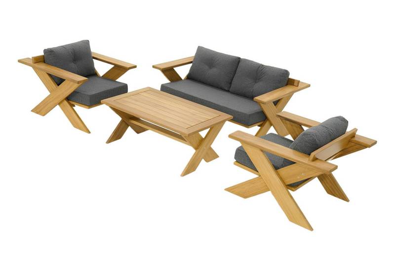 Xlmoebel Gartenlounge-Set Grau-Braune Gartentischgruppe aus Holz mit Designer-Couchtisch, 2, (Gartenmöbelset (Zweisitzer Sofa + 2x Sessel + Couchtisch), Hergestellt in Europa von Xlmoebel