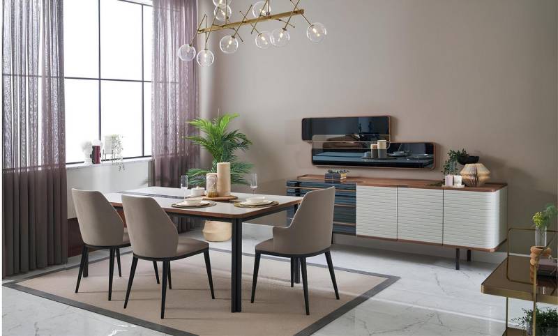 Xlmoebel Sideboard 7-teiliges Esszimmer-Ensemble in Weiß aus Holz (Set Esszimmer 7tlg (Esstisch + 4x Stühle + Sideboard + Spiegel), Hergestellt in Europa von Xlmoebel