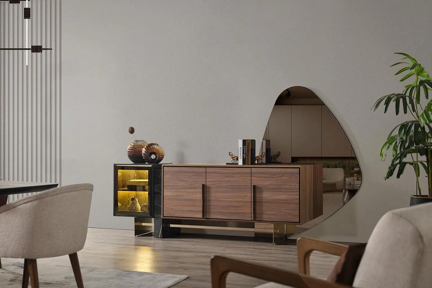 Xlmoebel Sideboard Braunes Esszimmer Sideboard mit Spiegel, Kommode, Anrichte, Regal aus (1 St., Sideboard-mit-Spiegel), Hergestellt in Europa von Xlmoebel