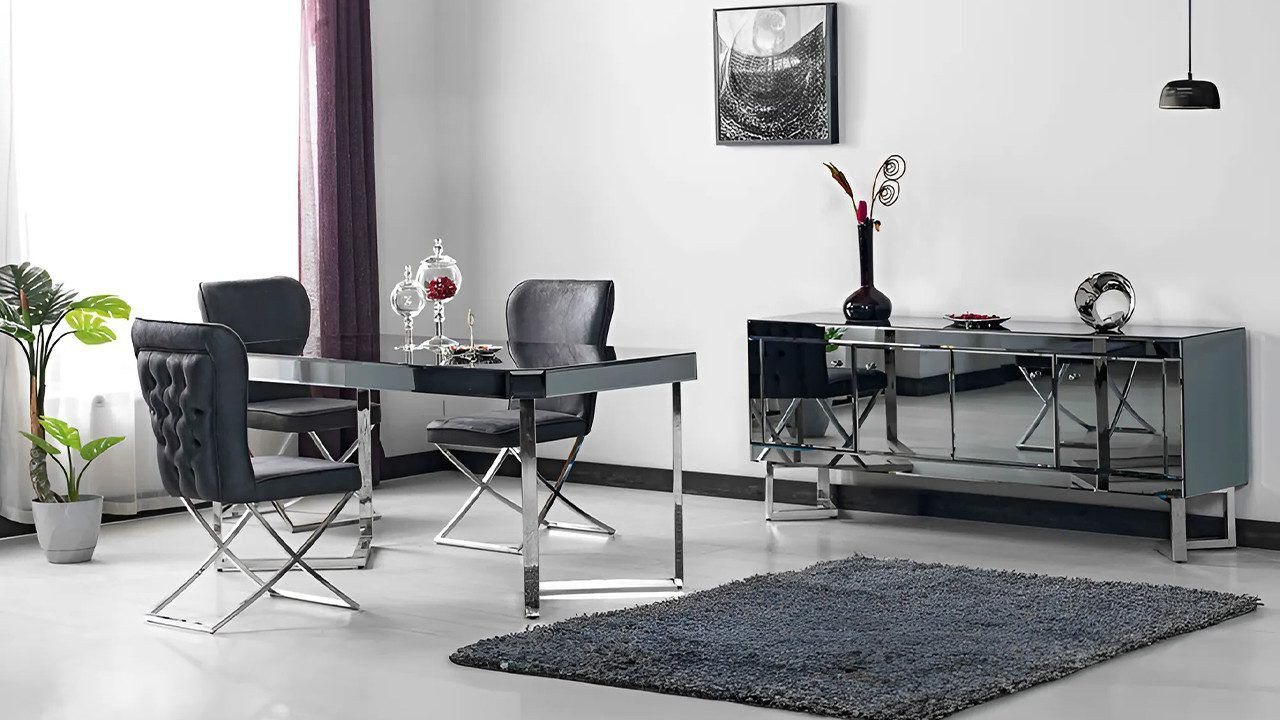 Xlmoebel Esszimmer-Set Esszimmer Möbel Set in Grau mit Esstisch, Stühlen und Sideboard, (Set Esszimmer 6tlg (Esstisch + 4xStühle + Sideboard), Hergestellt in Europa von Xlmoebel