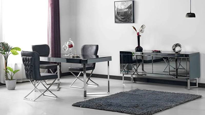 Xlmoebel Esszimmer-Set Esszimmer Möbel Set in Grau mit Esstisch, Stühlen und Sideboard, (Set Esszimmer 6tlg (Esstisch + 4xStühle + Sideboard), Hergestellt in Europa von Xlmoebel