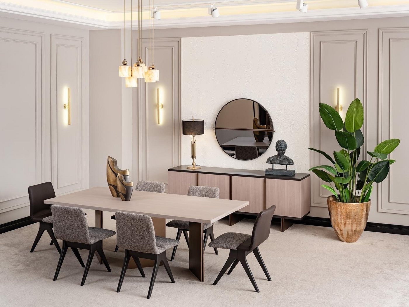 Xlmoebel Essgruppe Esszimmer Set Holztisch mit neun Teilen in Beige, (Set Esszimmer 9tlg (Esstisch + 6xStühle + Sideboard + Spiegel), Hergestellt in Europa von Xlmoebel