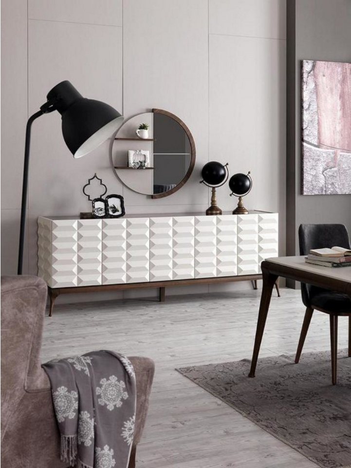 Xlmoebel Sideboard Hochglanz Spiegel Sideboard mit Regalen in Weiß - Designer-Kommode (Sideboard + Spiegel), Hergestellt in Europa von Xlmoebel