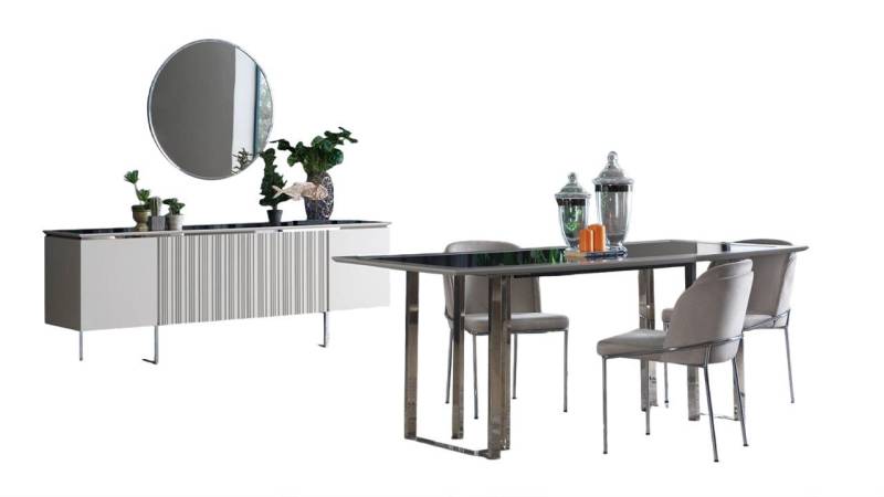 Xlmoebel Esszimmer-Set Modernes 8-teiliges Esszimmer-Set mit großem Esstisch in Silber, (Set 9tlg Esszimmer (Esstisch + 6xStühle + Sideboard + Spiegel), Hergestellt in Europa von Xlmoebel