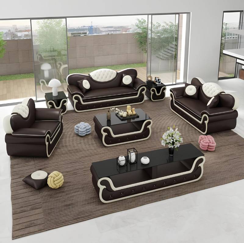 Xlmoebel Polstergarnitur Vollständiges Set Wohnzimmermöbel 7-teilig mit Sitzbank und Sideboard, (Sofagarnitur 3 + 2 + 1 Sitzer + 2xSidetable + Couchtisch + Sideboard), Hergestellt in Europa von Xlmoebel