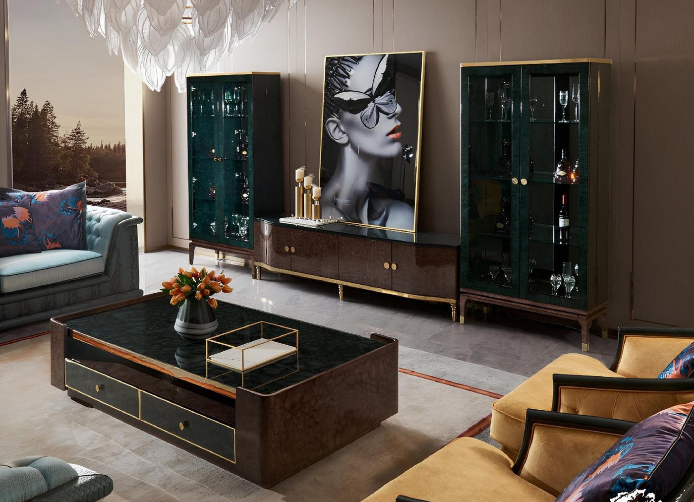 Xlmoebel Wohnwand Wohnzimmermöbel-Set mit Design-Regalwand, TV-Lowboard, Sideboard, (3tlg. Wohnwand (2x Vitrine + Sideboard), Hergestellt in Europa von Xlmoebel