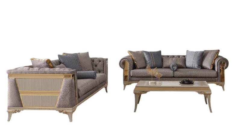Xlmoebel Sofa 3-Sitzer Stoffsofa in Grau im Chesterfield-Stil, 2-teiliges Set mit, 2 Teile, Hergestellt in Europa von Xlmoebel