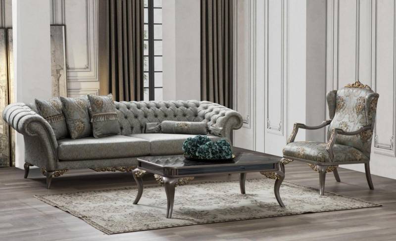 Xlmoebel Sofa Chesterfield-Dreisitzer-Sofa mit grauem Stoffbezug und luxuriösem, Hergestellt in Europa Xlmoebel Sofa Chesterfield-Dreisitzer-Sofa mit grauem Stoffbezug und luxuriösem, Hergestellt in Europa von Xlmoebel