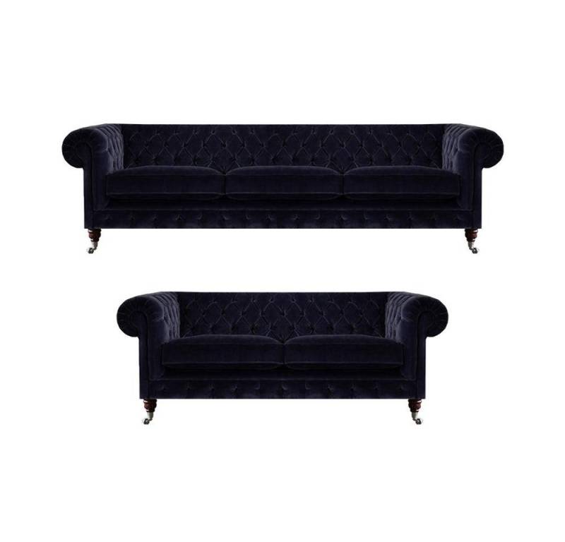 Xlmoebel Chesterfield-Sofa Dreisitzer Wohnzimmer-Sofa in Blau Chesterfield-Stil mit Sessel, 2 Teile, Hergestellt in Europa von Xlmoebel