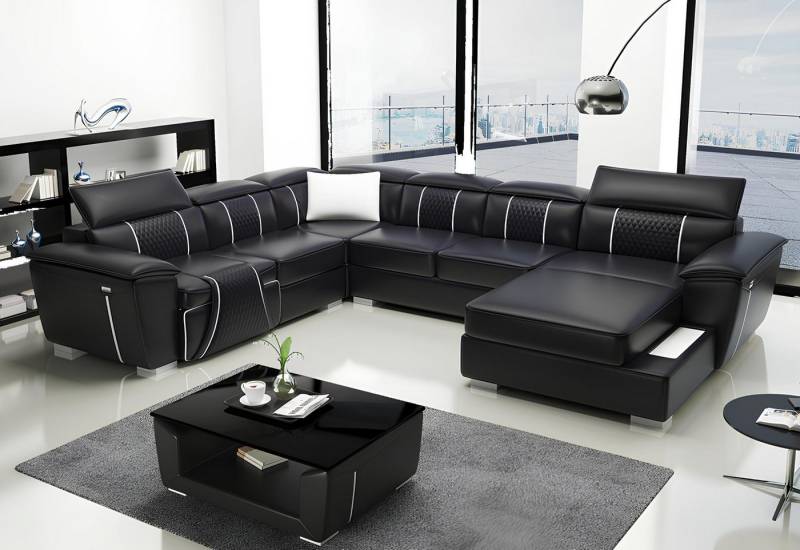 Xlmoebel Sofa Neues schwarzes Designer-Ledersofa in U-Form mit Polsterung - Modell, Hergestellt in Europa von Xlmoebel