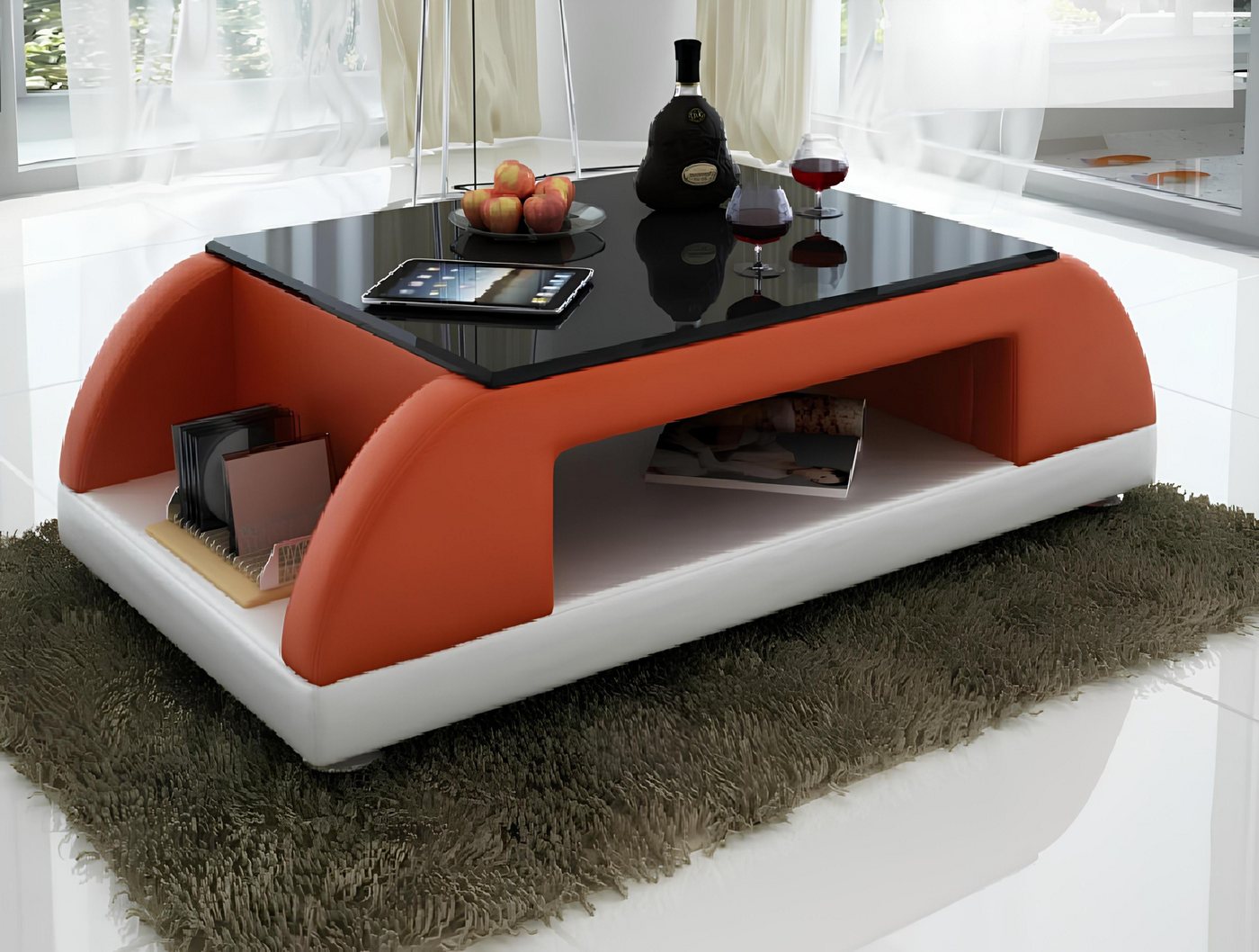 Xlmoebel Sofa Zeitgemäßes Sofa mit Ledersitzpolster und Beistelltisch aus Glas, Hergestellt in Europa von Xlmoebel