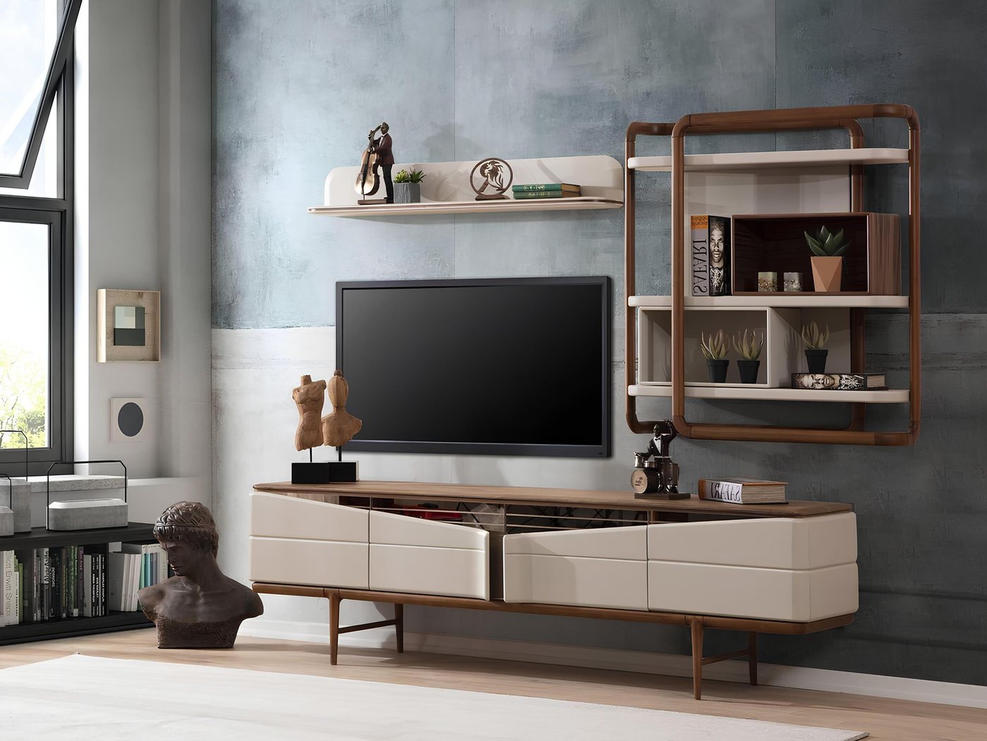 Xlmoebel TV-Board Wohnzimmer-Set in Beige mit RTV-Lowboard und 2 Regalen aus Holz (3tlg.Wohnzimmer Set (RTV Lowboard+2x Regale), Hergestellt in Europa von Xlmoebel