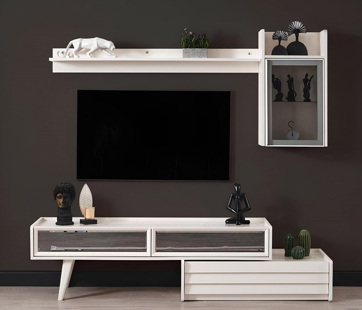 Xlmoebel TV-Schrank Designer Wohnwand aus weißem Holz - Luxuriöser Wandschrank mit (1-St., 3tlg.Wohnzimmer Set (TV Schrank + Wandschrank + Regal) Hergestellt in Europa von Xlmoebel