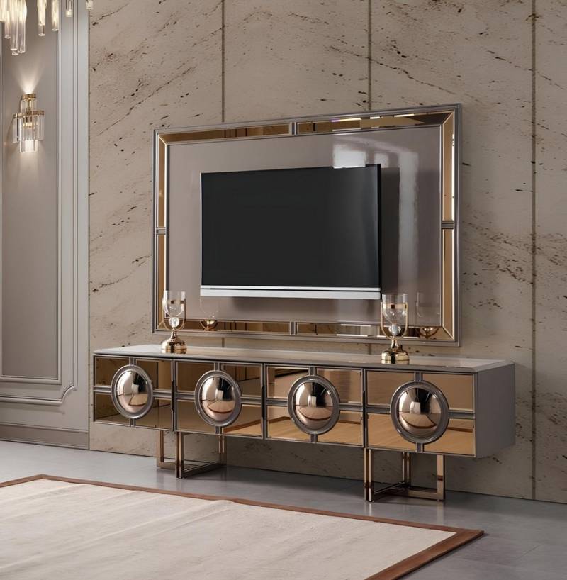 Xlmoebel TV-Schrank Fernsehtisch RTV Unterschrank Wohnzimmer Highboard Gold Holzrahmen (TV-Ständer + Rahmen) Hergestellt in Europa von Xlmoebel