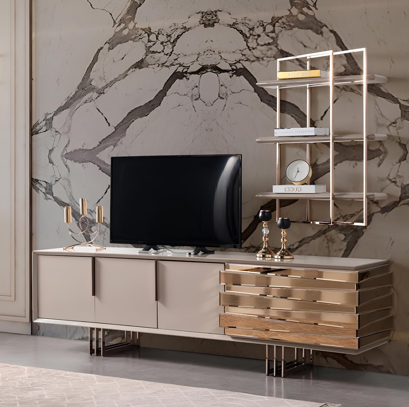 Xlmoebel TV-Schrank Neues Wohnzimmer-Set in Beige und Gold mit TV-Ständer und Sideboard (TV-Ständer + Regal) Hergestellt in Europa von Xlmoebel
