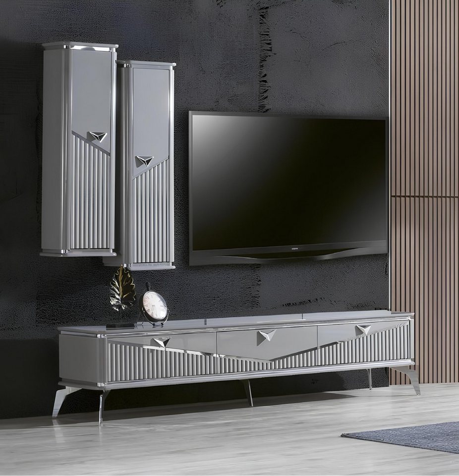 Xlmoebel TV-Schrank rtv Sideboard TV-Ständer für die Wand in grauem Hochglanz - Wohnwand (TV-Ständer + Wandregal) Hergestellt in Europa von Xlmoebel