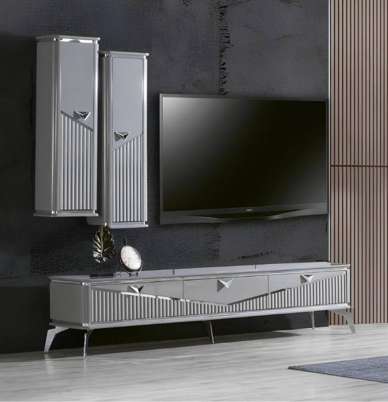 Xlmoebel TV-Schrank rtv Sideboard TV-Ständer für die Wand in grauem Hochglanz - Wohnwand (TV-Ständer + Wandregal) Hergestellt in Europa von Xlmoebel