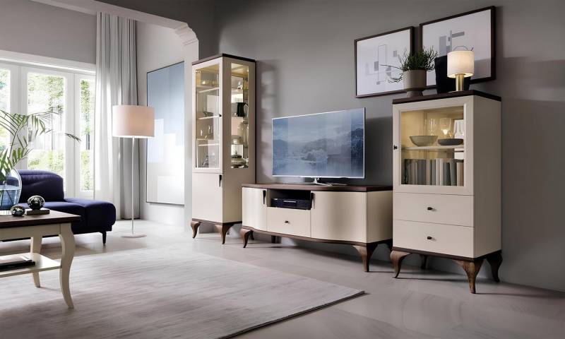 Xlmoebel Vitrine Moderne Glasvitrine für das Wohnzimmer mit Regal und Holzanrichte (Vitrine) Hergestellt in Europa von Xlmoebel