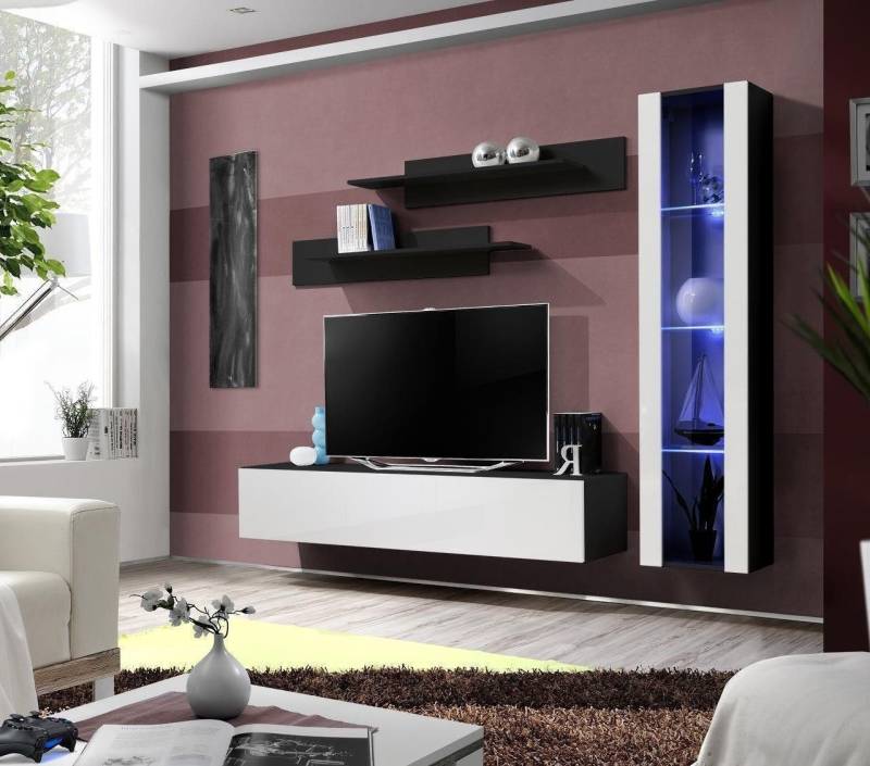 Xlmoebel Wohnwand Designer Wohnwand Paket 4-teilig Schwarz Wohnzimmermöbel Wandvitrine, (4-St., 1x Wohnwand + 1x TV Ständer + 1x Hänge Vitrine + 2x Wandregale), Hergestellt in Europa von Xlmoebel