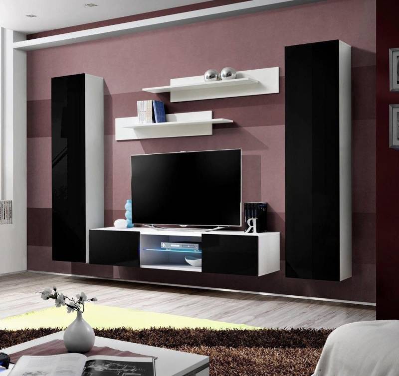 Xlmoebel Wohnwand Designer Wohnzimmer Premium Wandregal mit Kamin Modern, (7-St., 1x Wohnwand + 1x TV Ständer + 2x Wandschrank + 2x Wandregal), Hergestellt in Europa von Xlmoebel