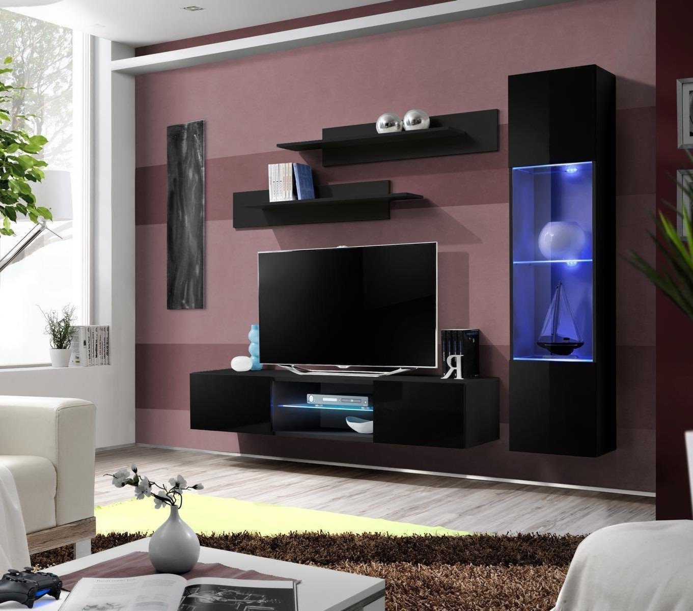Xlmoebel Wohnwand Dunkel Wohnraum Elegante Möbelwand Wandvitrine Zeitgemäßer TV-Halter, (4-St., 1x Wohnwand + 1x TV Ständer + 1x Hänge Vitrine + 2x Wandregal), Hergestellt in Europa von Xlmoebel