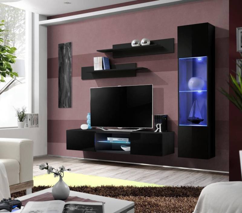 Xlmoebel Wohnwand Dunkel Wohnraum Elegante Möbelwand Wandvitrine Zeitgemäßer TV-Halter, (4-St., 1x Wohnwand + 1x TV Ständer + 1x Hänge Vitrine + 2x Wandregal), Hergestellt in Europa von Xlmoebel