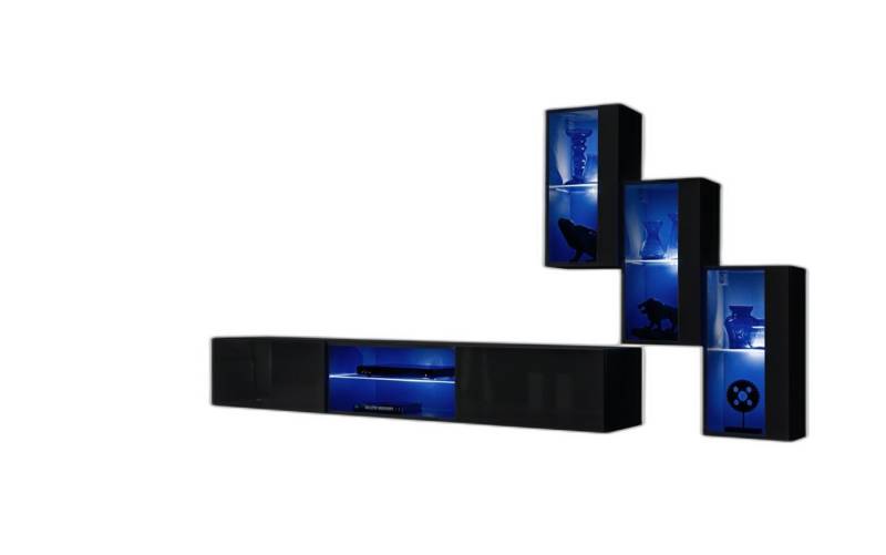Xlmoebel Wohnwand Elegante 3er Hängeschrank TV Halter Wohnzimmer Möbel Schwarz, (4-St., TV Ständer + 3x Hänge Vitrine), Hergestellt in Europa von Xlmoebel