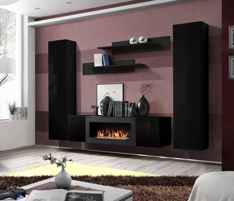 Xlmoebel Wohnwand Elegante Moderne Wohnzimmereinrichtung 5-teiliges Regal Set Holz, (5-St., 1x Wohnwand+1x Sideboard Mit Kamin+2x Wandschrank+2x Wandregal), Hergestellt in Europa von Xlmoebel