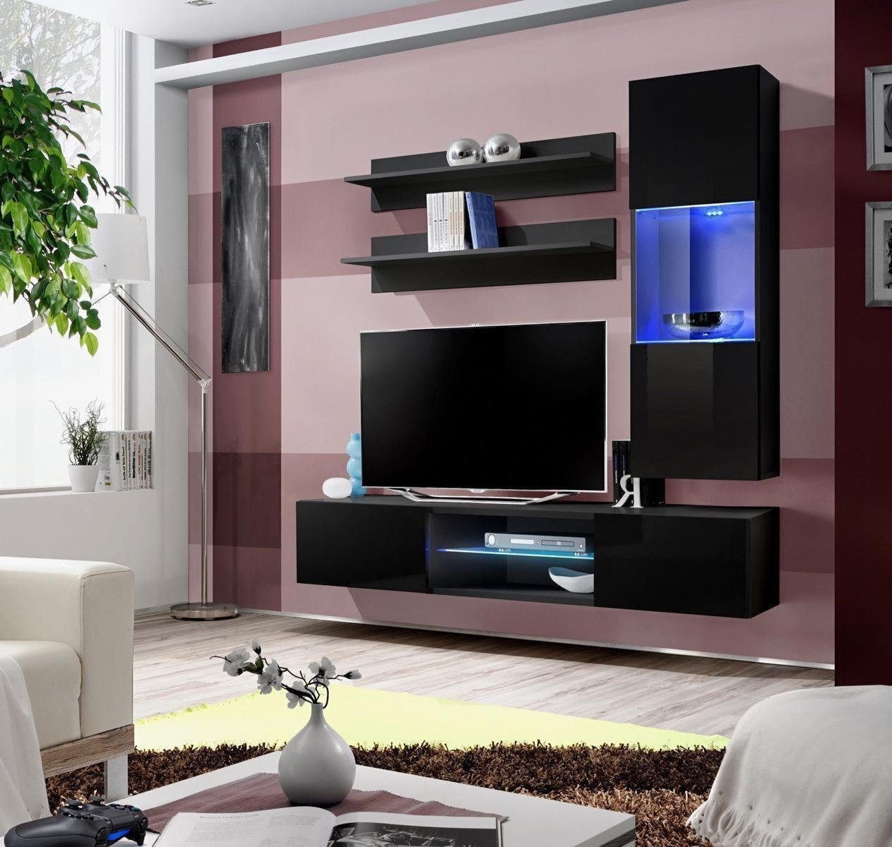 Xlmoebel Wohnwand Elegante Wandvitrine Wohnzimmermöbel Set Hochglanz Schwarz, (4-St., 1x Wohnwand + 1x TV Ständer + 1x Hänge Vitrine + 2x Wandregal), Hergestellt in Europa von Xlmoebel