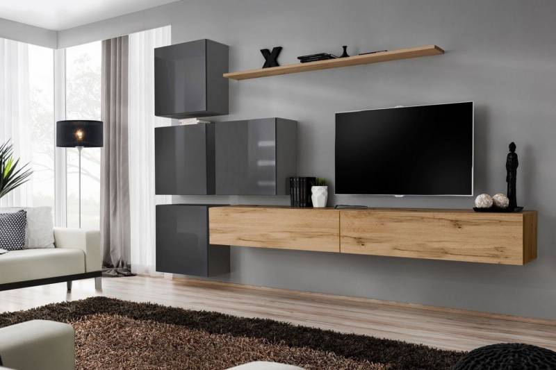 Xlmoebel Wohnwand Exklusive Holzmöbel TV-Regal Holz Wohnzimmer Wandgestaltung, (7-St., 1x Wohnwand + 2x TV Ständer + 4x Wandschrank + 1x Wandregal), Hergestellt in Europa von Xlmoebel