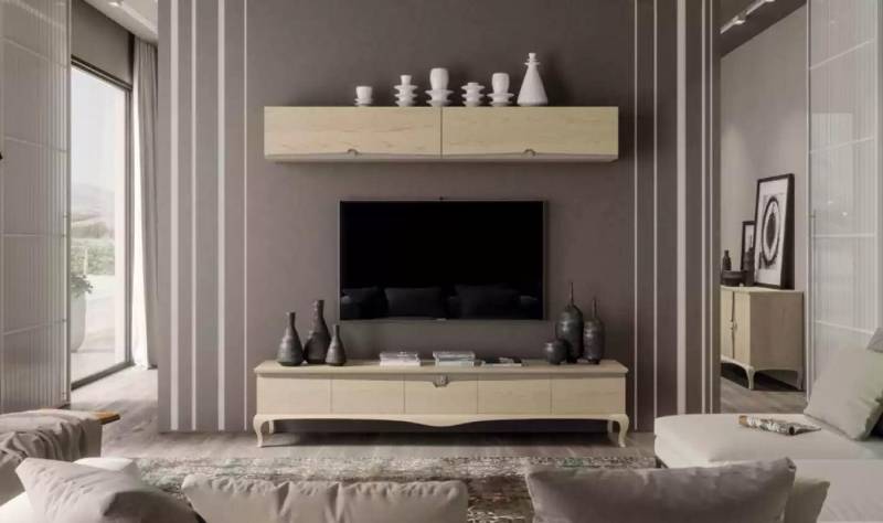 Xlmoebel Wohnwand Fernsehständer Wandregal Holztisch Wandregal Beige Klassisch Design, (2-St., Set 2tlg. Wohnwand (TV-Ständer + Wandregal), Hergestellt in Europa von Xlmoebel