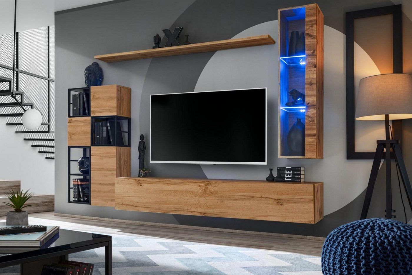 Xlmoebel Wohnwand Gestaltung Wohnzimmerwand Braun TV Halterung Möbel Set, (8-St., TV Ständer + Hänge Vitrine + 3x Wandschrank + 4x Wandregal), Hergestellt in Europa von Xlmoebel
