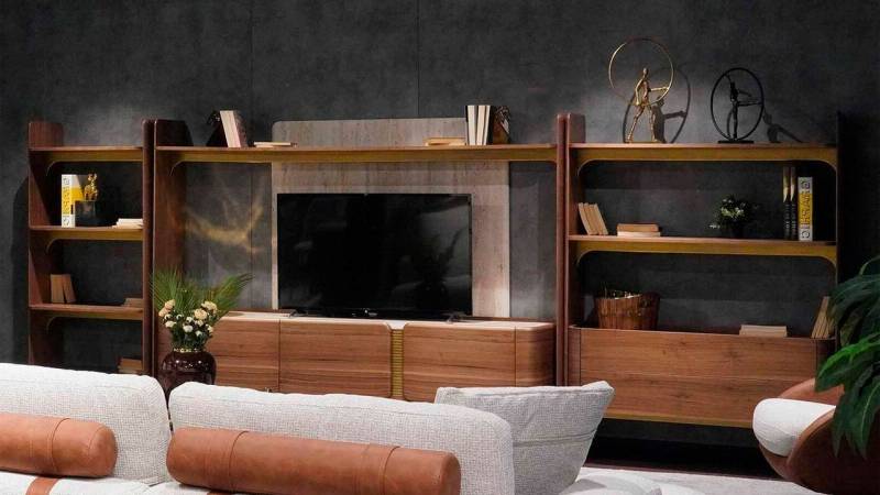 Xlmoebel Wohnwand Hochwertige Wohnzimmermöbel in braunem Holz mit Bücherregal, (3-St., TV-Ständer + 2x Bücherregale), Hergestellt in Europa von Xlmoebel