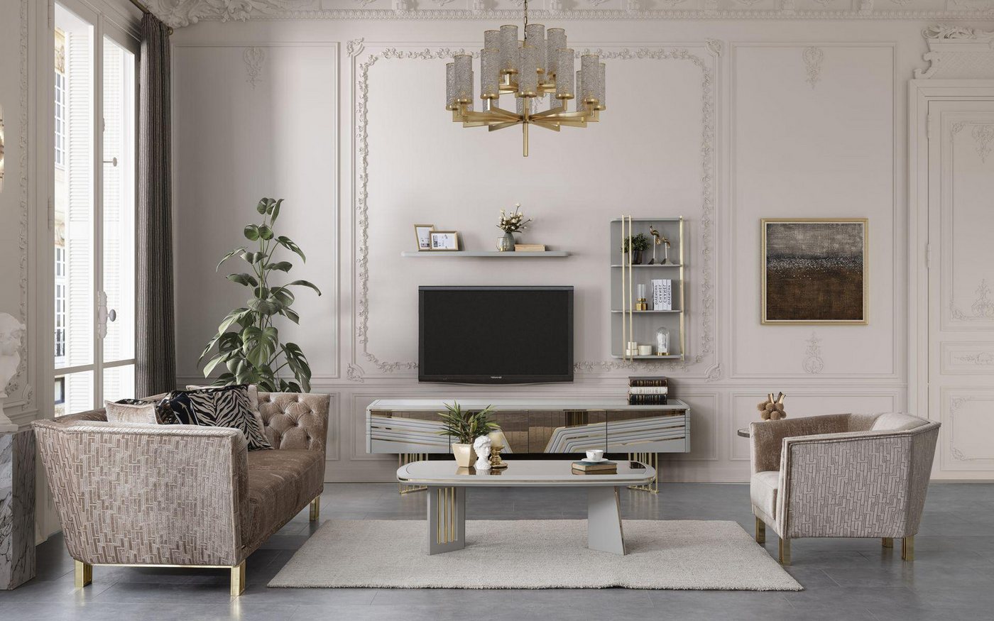 Xlmoebel Wohnwand Luxuriöse moderne graue Wohnzimmermöbel mit TV-Schrank, Wandschränken, (3-St., TV-Schrank / Wandschrank / Regal), Hergestellt in Europa von Xlmoebel