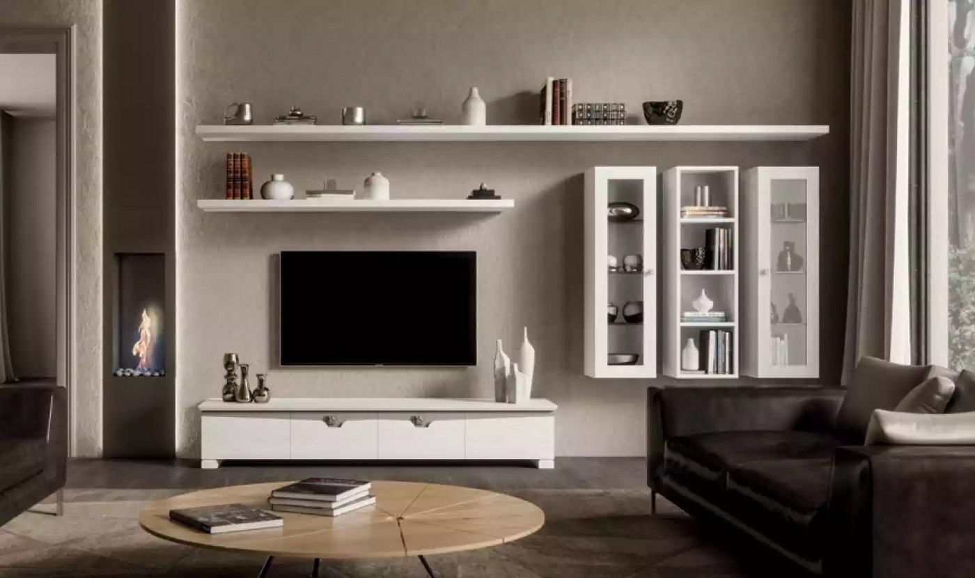 Xlmoebel Wohnwand Modernes 6-teiliges Wohnzimmer-Set in weißem Design aus Holz, (6-St., Set 6tlg. Wohnwand (Lowboard + 3x Wandschränke + 2x Wandregale), Hergestellt in Europa von Xlmoebel