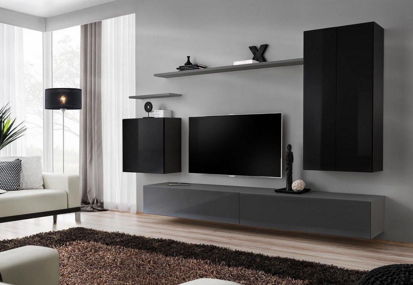 Xlmoebel Wohnwand Raumwand Sideboard Regal für Fernseher Schrank Wandregal Wohnbereich, (7-St., 1x Wohnwand + 2x TV Ständer + 3x Wandschrank + 2x Wandregal), Hergestellt in Europa von Xlmoebel